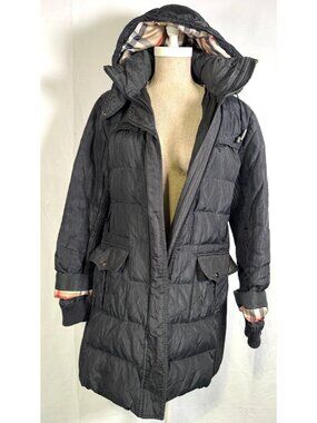 BURBERRY Down Fill Black Puffer Coat Quilted Jacket Nova Check Lined Hood Sz L